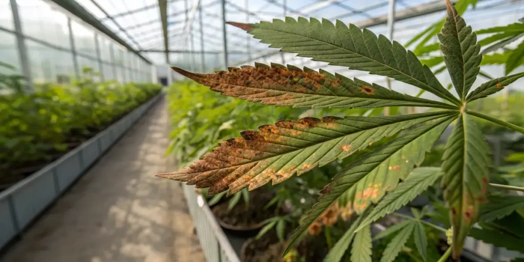 Cannabis leaf fungal infection close up showing rust-like spots and deterioration on a cannabis leaf.