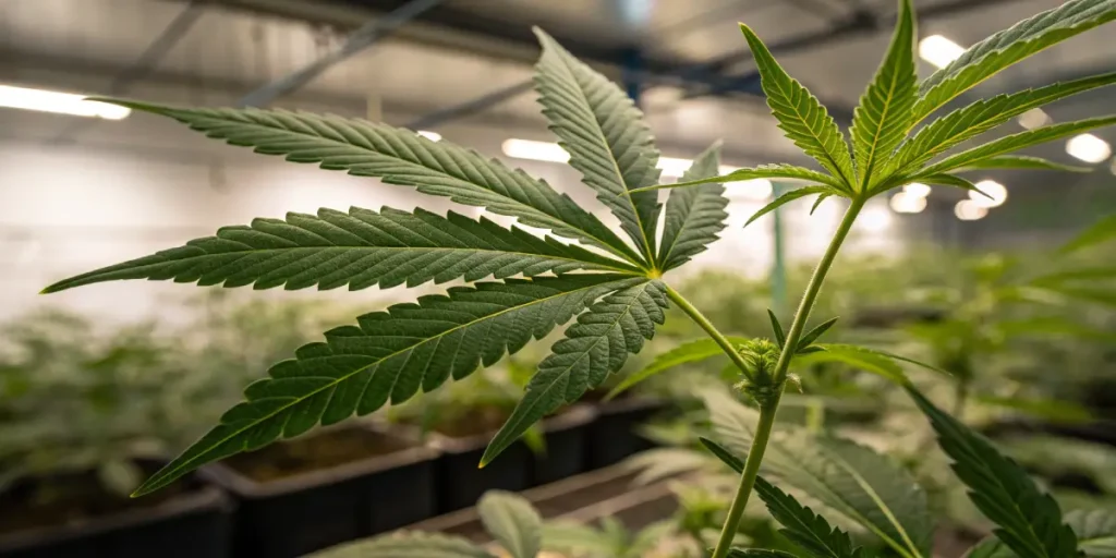 Cannabis leaf indoor grow close up showing a healthy cannabis plant under artificial lighting in a controlled environment.