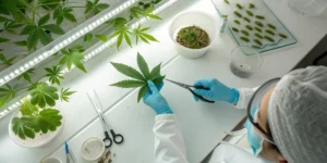 Cannabis leaf laboratory analysis with technician cutting leaf sample using scissors under bright lab lights.