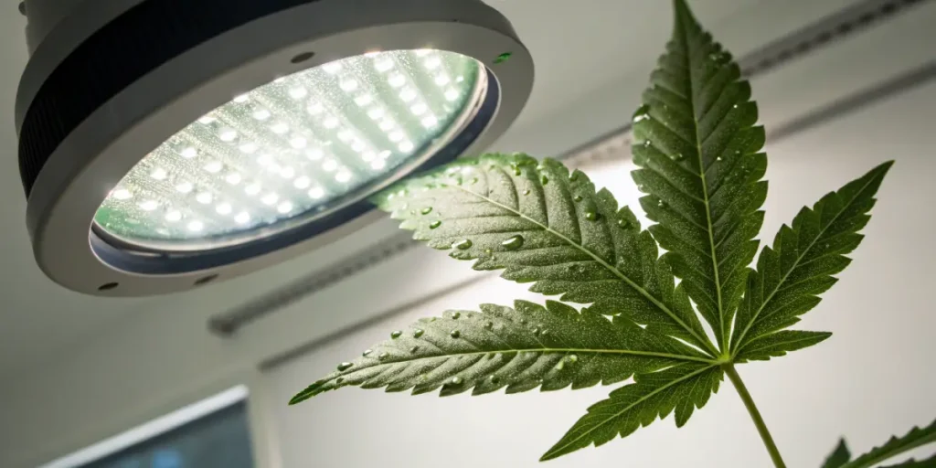 Cannabis leaf led light close-up with water droplets under indoor grow lighting conditions.