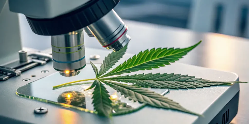 Cannabis leaf microscope lab analysis with a cannabis leaf placed under a microscope for scientific examination.