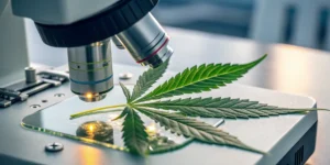 Cannabis leaf microscope lab analysis with a cannabis leaf placed under a microscope for scientific examination.