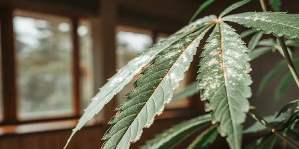 Cannabis leaf displaying powdery mildew symptoms inside an indoor cultivation space