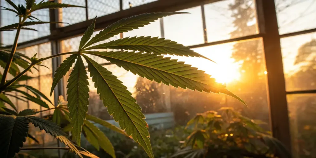 Cannabis leaf sunlight greenhouse window with natural light illuminating healthy plant leaves.