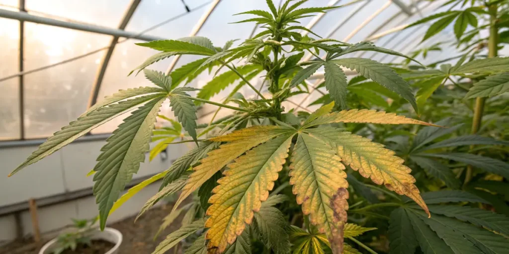 Cannabis leaf yellowing nutrient deficiency showing lower leaves turning yellow and brown in a greenhouse plant.