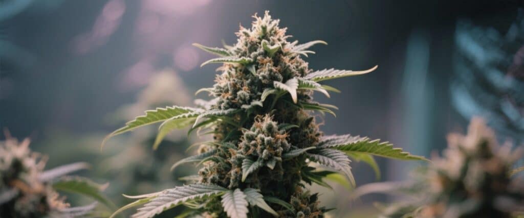 Cannabis mature bud with frosty trichomes and dense resin-rich flowers.