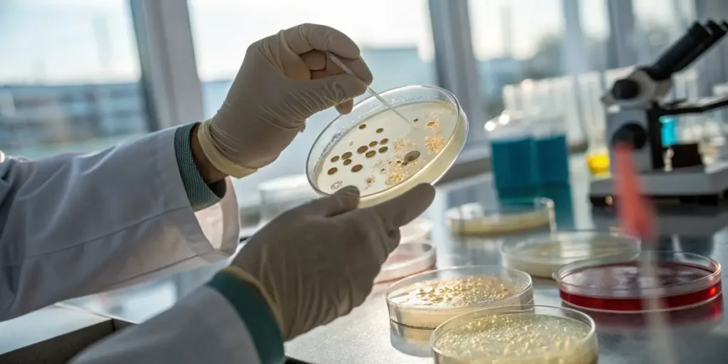 Cannabis microbial testing laboratory with scientist examining petri dish cultures in a bright research lab.