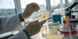 Cannabis microbial testing laboratory with scientist examining petri dish cultures in a bright research lab.