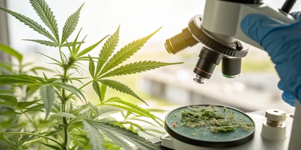 Cannabis microscope leaf sample testing with a close-up of a plant and extracted material under analysis.