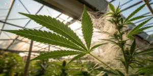 Cannabis mold webbing greenhouse showing fungal growth spreading across a cannabis plant inside a greenhouse environment.