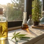 Cannabis oil bottle lab sunlight with infused oil and leaf inside glass container on a bright windowsill.