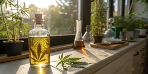 Cannabis oil bottle lab sunlight with infused oil and leaf inside glass container on a bright windowsill.