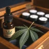 Cannabis oil dropper bottle with leaf inside wooden storage box with jars.