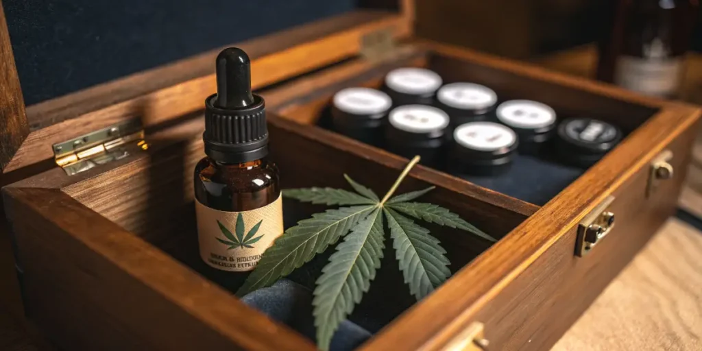 Cannabis oil dropper bottle with leaf inside wooden storage box with jars.