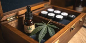 Cannabis oil dropper bottle with leaf inside wooden storage box with jars.