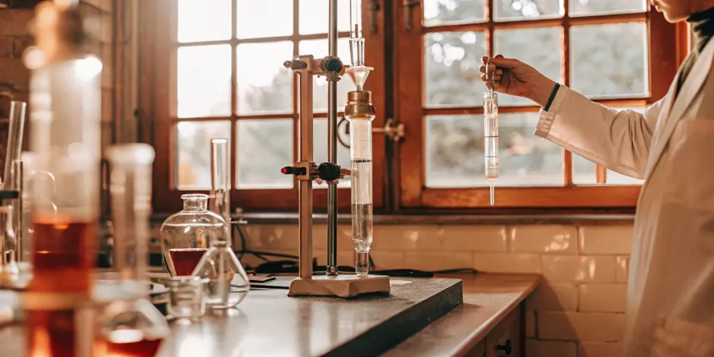 Cannabis oil distillation process with glassware and scientist handling sample in lab.