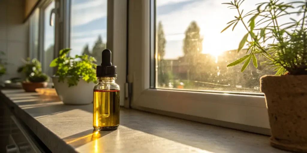 Cannabis oil dropper bottle sunlight window with golden extract placed on a windowsill in natural light.