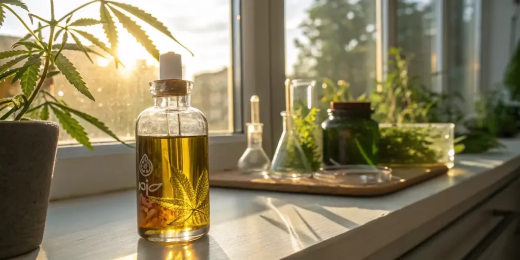 Cannabis oil extraction glass bottle window with golden infused oil and lab tools in the background.