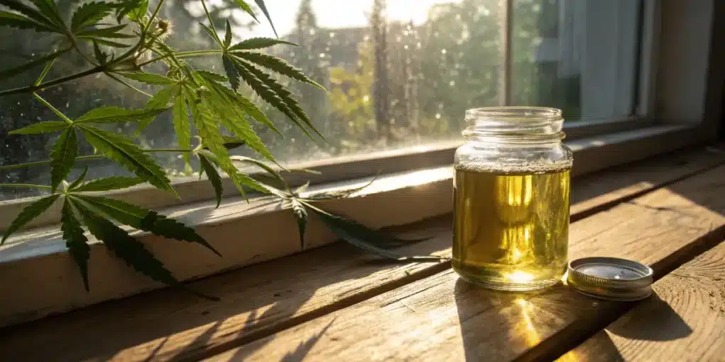 Cannabis oil glass jar window light with a clear container of infused oil illuminated by sunlight.