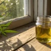 Cannabis oil jar natural sunlight with a glass container of golden oil next to a cannabis plant by a window.