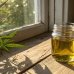 Cannabis oil jar natural sunlight with a glass container of golden oil next to a cannabis plant by a window.
