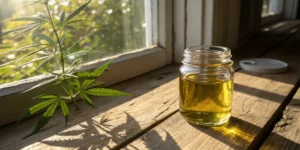 Cannabis oil jar natural sunlight with a glass container of golden oil next to a cannabis plant by a window.