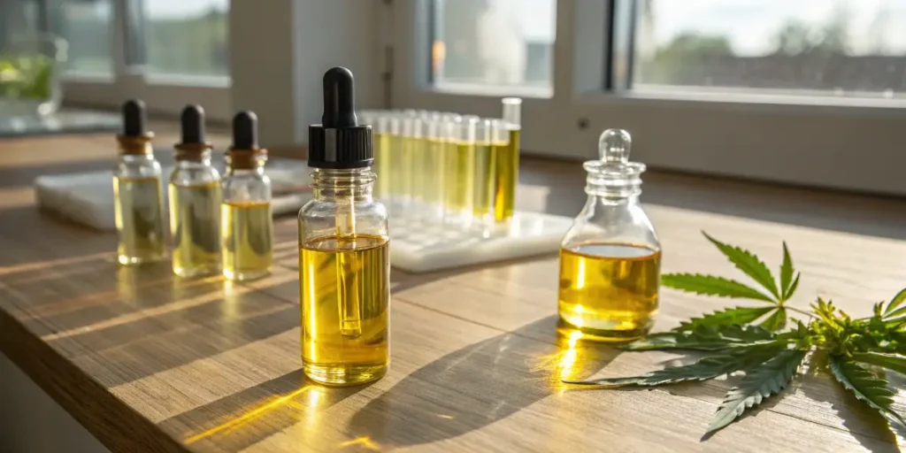 Cannabis oil laboratory vials sunlight with multiple glass dropper bottles and test tubes on a wooden surface.