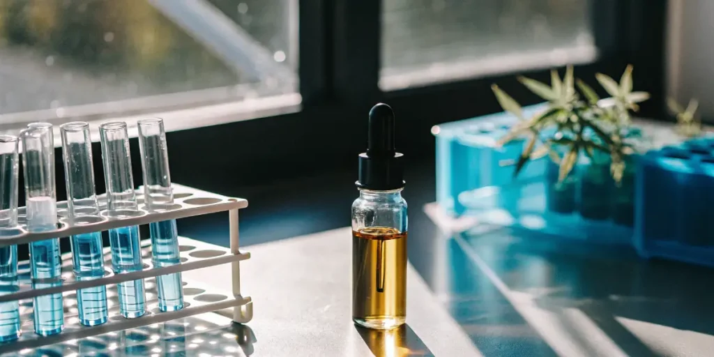 Cannabis oil vial next to laboratory test tubes with blue liquid on bench.