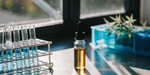 Cannabis oil vial next to laboratory test tubes with blue liquid on bench.