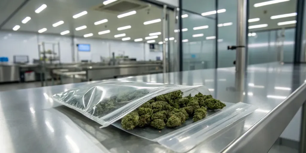 Cannabis packaging cleanroom sealed bags with cannabis buds inside transparent bags in a sterile laboratory environment.