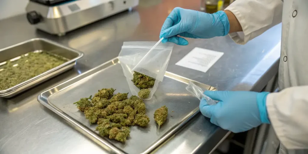 Gloved hands placing cannabis buds into sealed plastic bag in lab environment.