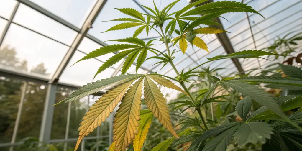 Cannabis plant chlorosis greenhouse grow with yellowing leaves indicating nutrient stress in a controlled environment.