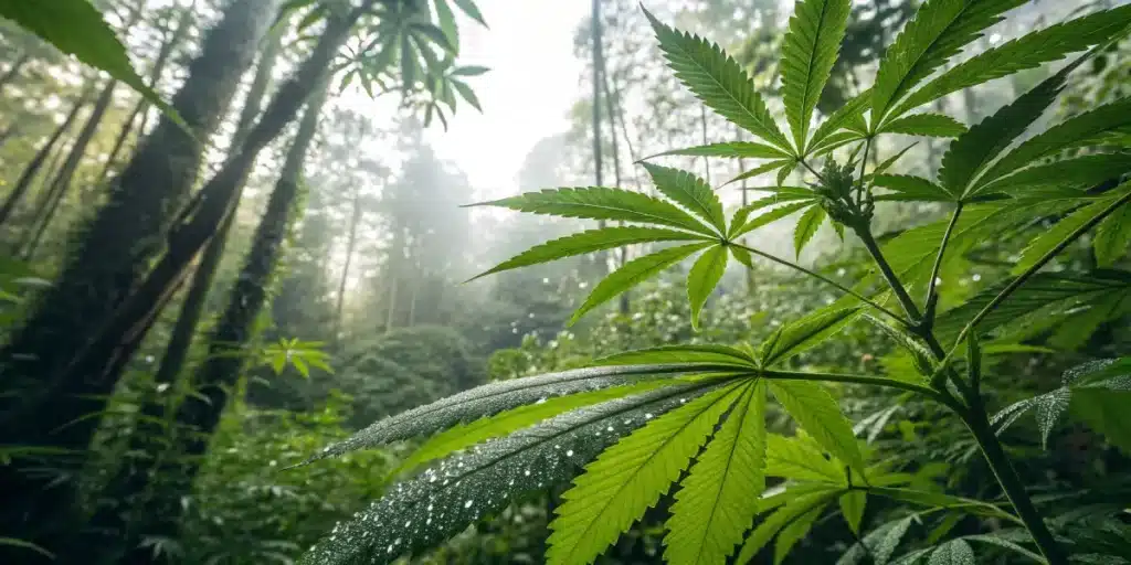 Cannabis plant forest natural humidity with green leaves covered in morning dew in a misty woodland environment.
