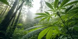 Cannabis plant forest natural humidity with green leaves covered in morning dew in a misty woodland environment.