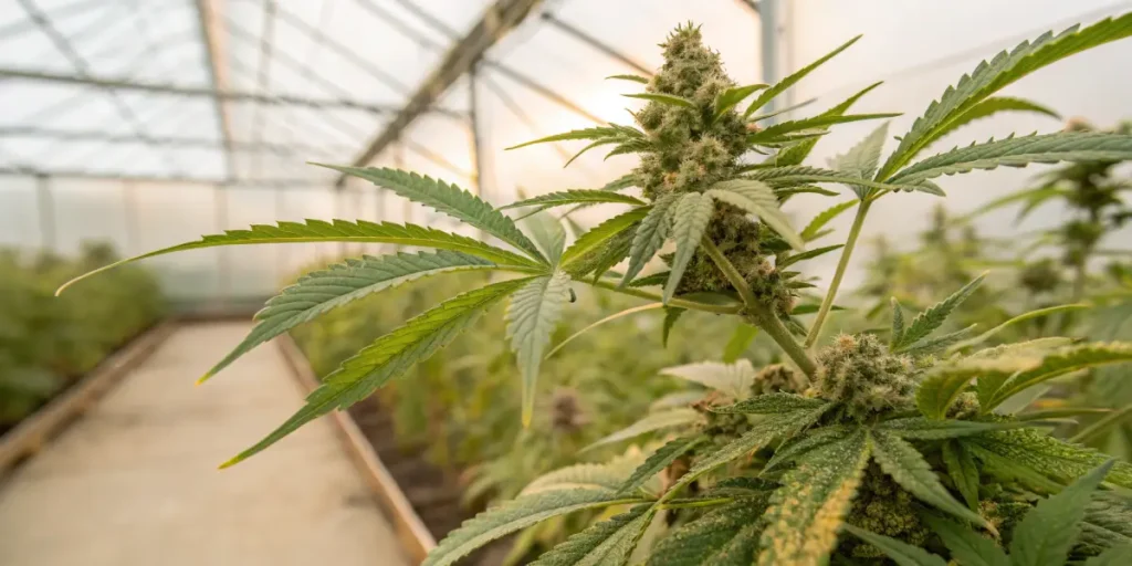 Cannabis plant greenhouse flowering stage with mature buds developing in a controlled indoor environment.