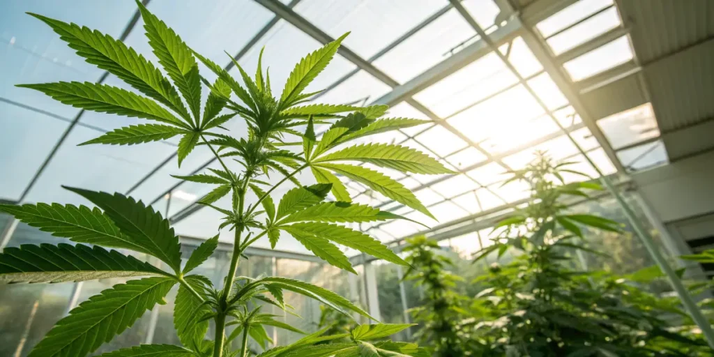 Cannabis plant greenhouse natural light with tall plants growing under sunlight in a protected structure.