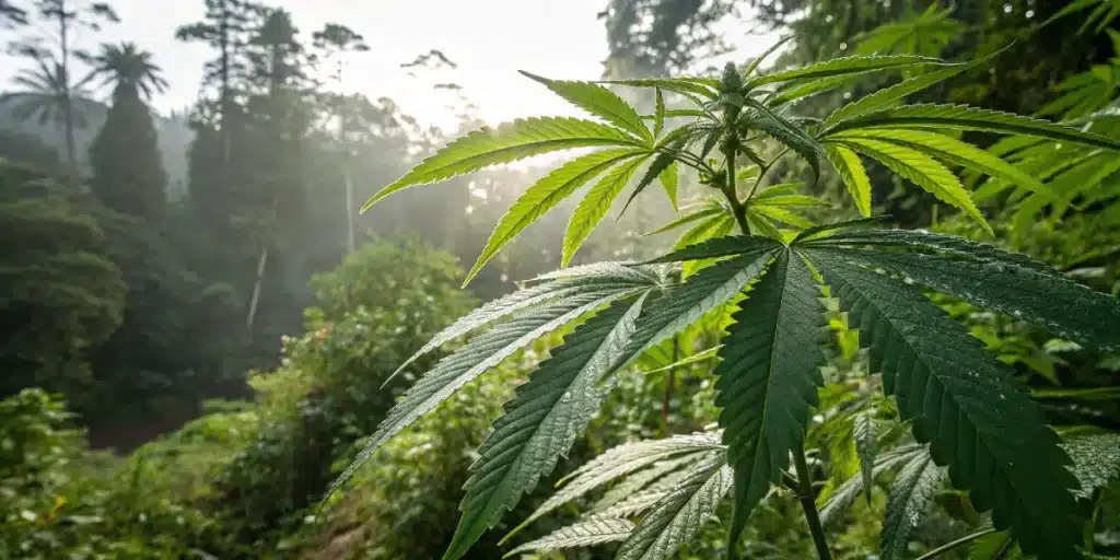 Cannabis plant growing in tropical forest with vibrant green leaves and sunlight filtering through dense vegetation.
