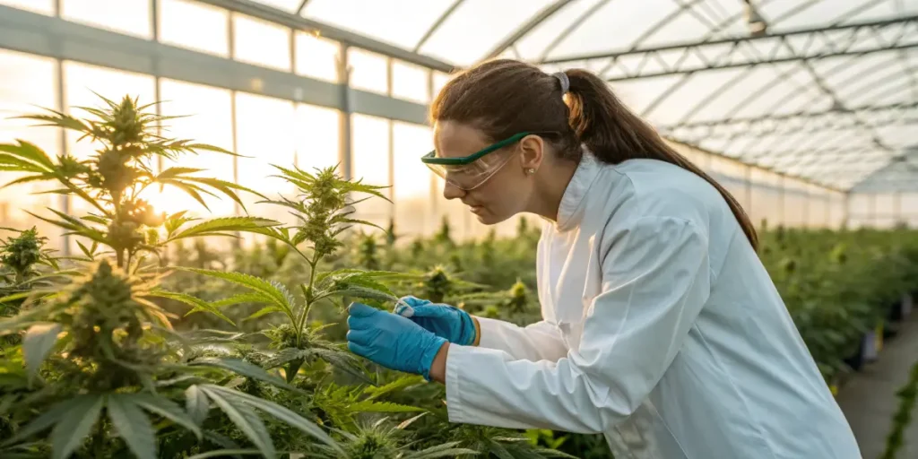 Cannabis plant inspection greenhouse lab with researcher examining flowering cannabis plants while wearing gloves and safety glasses.