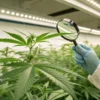 Cannabis plant inspection indoor grow with gloved hand using magnifying glass to examine healthy leaves under LED lights.