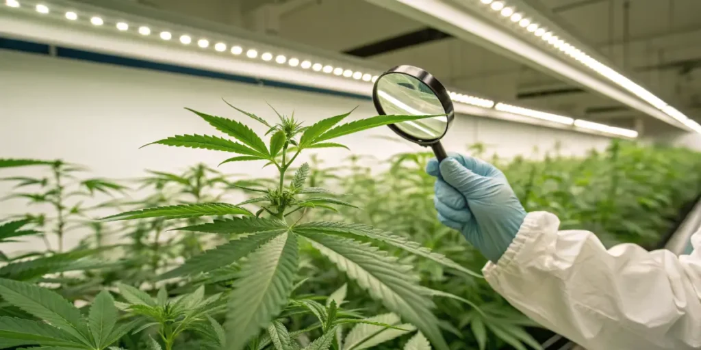 Cannabis plant inspection indoor grow with gloved hand using magnifying glass to examine healthy leaves under LED lights.
