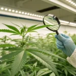 Cannabis plant inspection indoor grow with gloved hand using magnifying glass to examine healthy leaves under LED lights.
