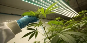Cannabis plant inspection led grow room with a gloved hand checking plant health under LED lights.