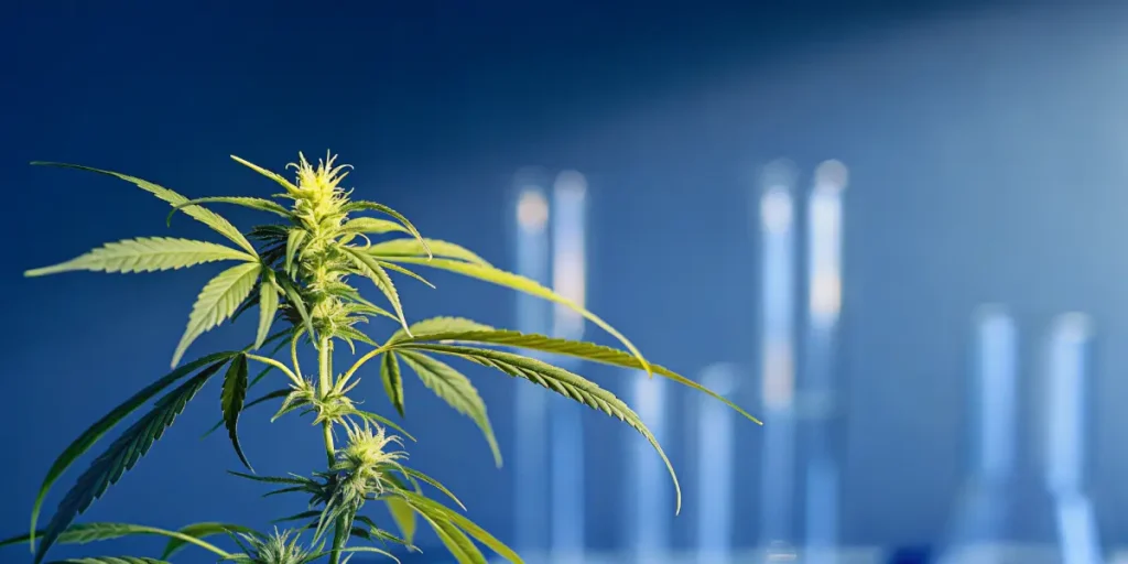 Close-up of green cannabis plant in flowering stage inside laboratory setting.