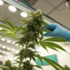 Cannabis plant lab inspection quality control with technician examining buds under bright indoor lighting.