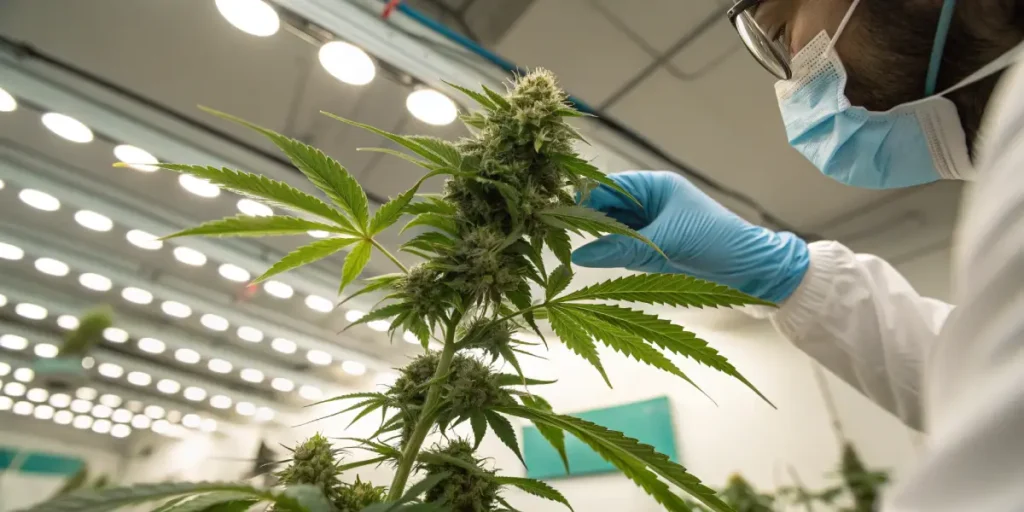 Cannabis plant lab inspection quality control with technician examining buds under bright indoor lighting.
