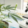 Cannabis plant laboratory microscope analysis with a healthy plant next to scientific equipment and test tubes.
