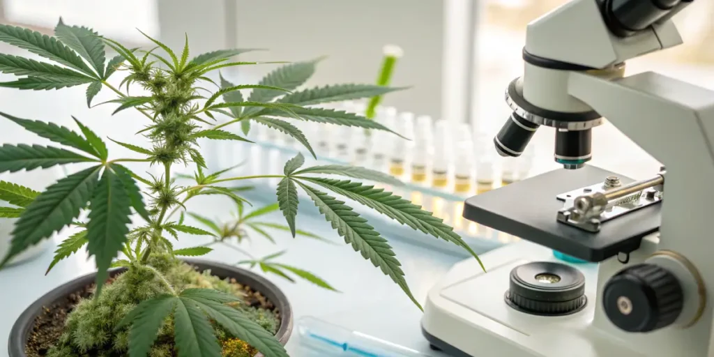 Cannabis plant laboratory microscope analysis with a healthy plant next to scientific equipment and test tubes.
