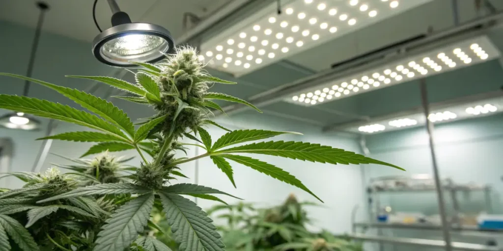 Cannabis plant LED grow light indoor lab showing flowering buds under high-intensity lighting in a controlled environment.