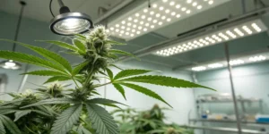 Cannabis plant LED grow light indoor lab showing flowering buds under high-intensity lighting in a controlled environment.