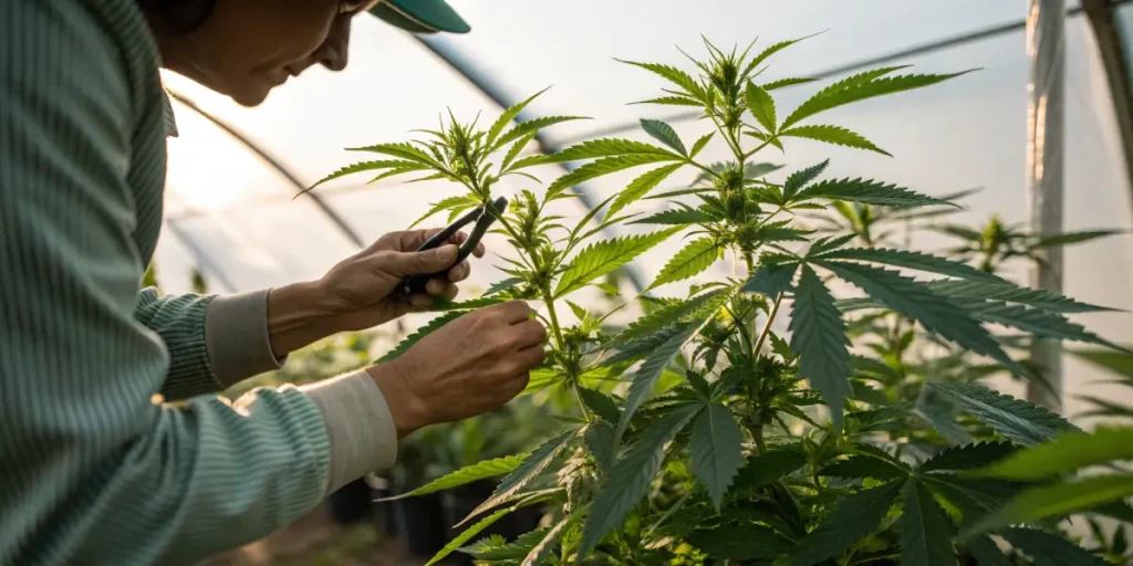 Cannabis plant pruning greenhouse with grower trimming stems using pruning shears in warm natural light.
